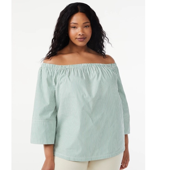 Free Assembly Tops - Free Assembly Elasticated Top Off Shoulder ¾-Sleeve Green & White Stripe Small